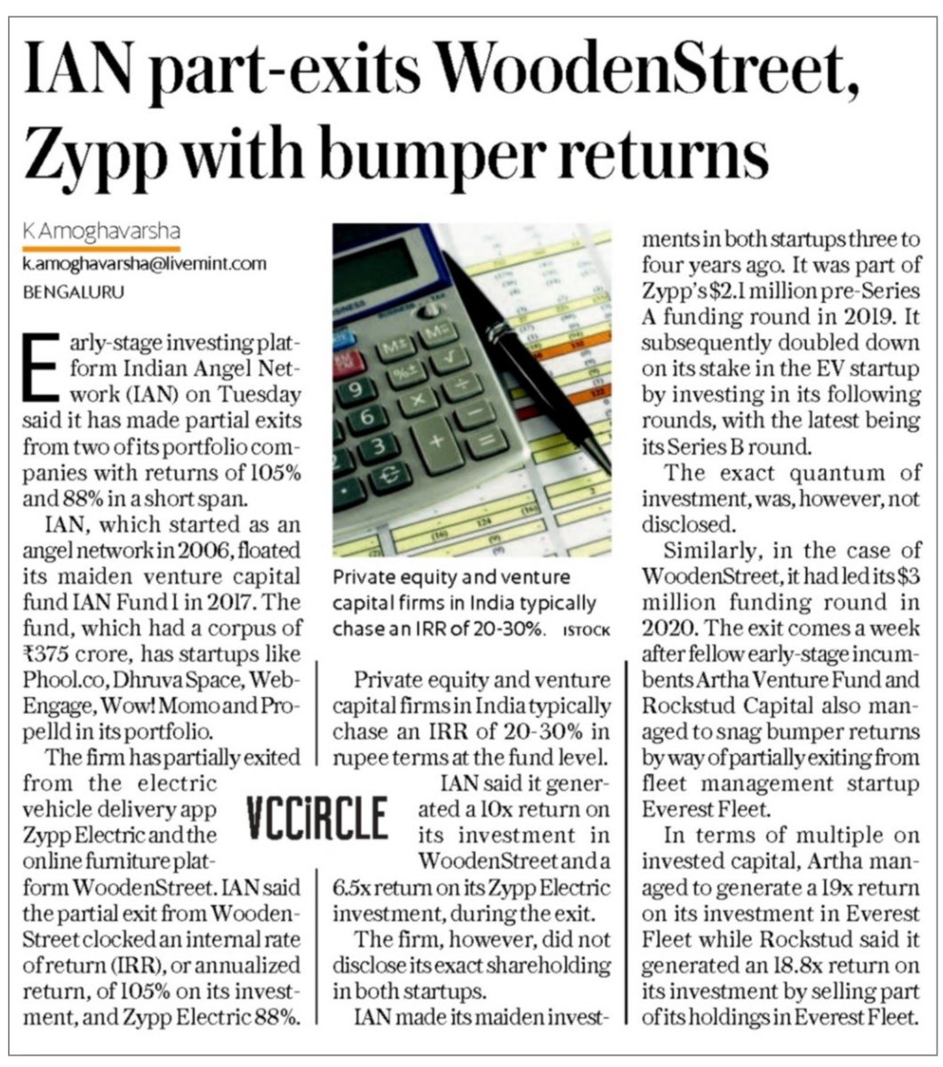 Major milestone achieved for <a href="/fund_ian/">IAN Fund</a> I!

We are thrilled to announce that <a href="/fund_ian/">IAN Fund</a> I has secured stellar returns from partial exits from portfolio companies <a href="/Wooden_street/">WoodenStreet</a> and <a href="/ZyppElectric/">ZyppElectric</a>.