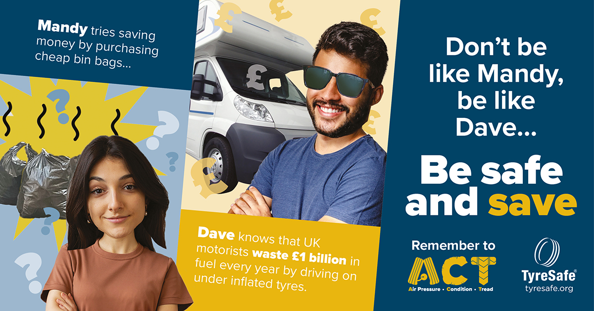 October is Tyre Safety Month and we're supporting
<a href="/Tyresafe/">TyreSafe</a>'s  'Be Safe and Save'  campaign - a timely reminder about 3  tyre safety checks - air pressure, tread depth and tyre condition. Regularly inspect your tourer or motorhome tyres so you can be #SafeAndSave #TSM2023