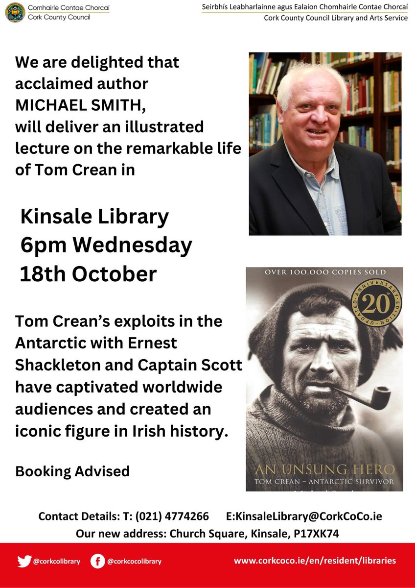 On Wednesday the 18th of October at 6 p.m., Michael Smith will deliver an illustrated lecture on the remarkable life of Tom Crean in #KinsaleLibrary.
Booking is advised ☎📧😀
