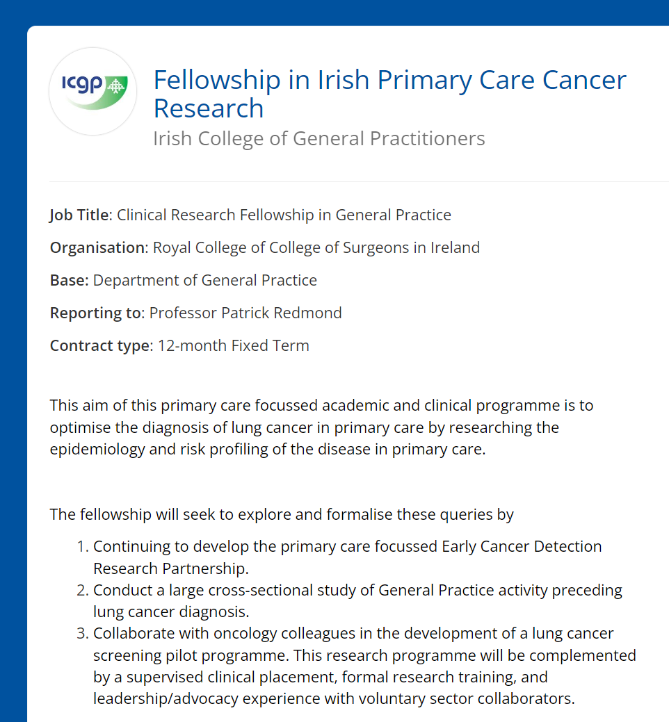 PRiCAN_Research's tweet photo. 📢 GP Academic Fellowship in Primary Care Cancer Research 📢

Who: "Newly-qualified GPs" (4th yr trainees &amp; <2yr since CSCST)

Start: July 2024 (12 months full-time)
Deadline: 31st October 2023
Supervisor: @PatrickNRedmond (RCSI)

Details/Apply: https://t.co/roAg1AxZn9 https://t.co/WYszMZnEH5