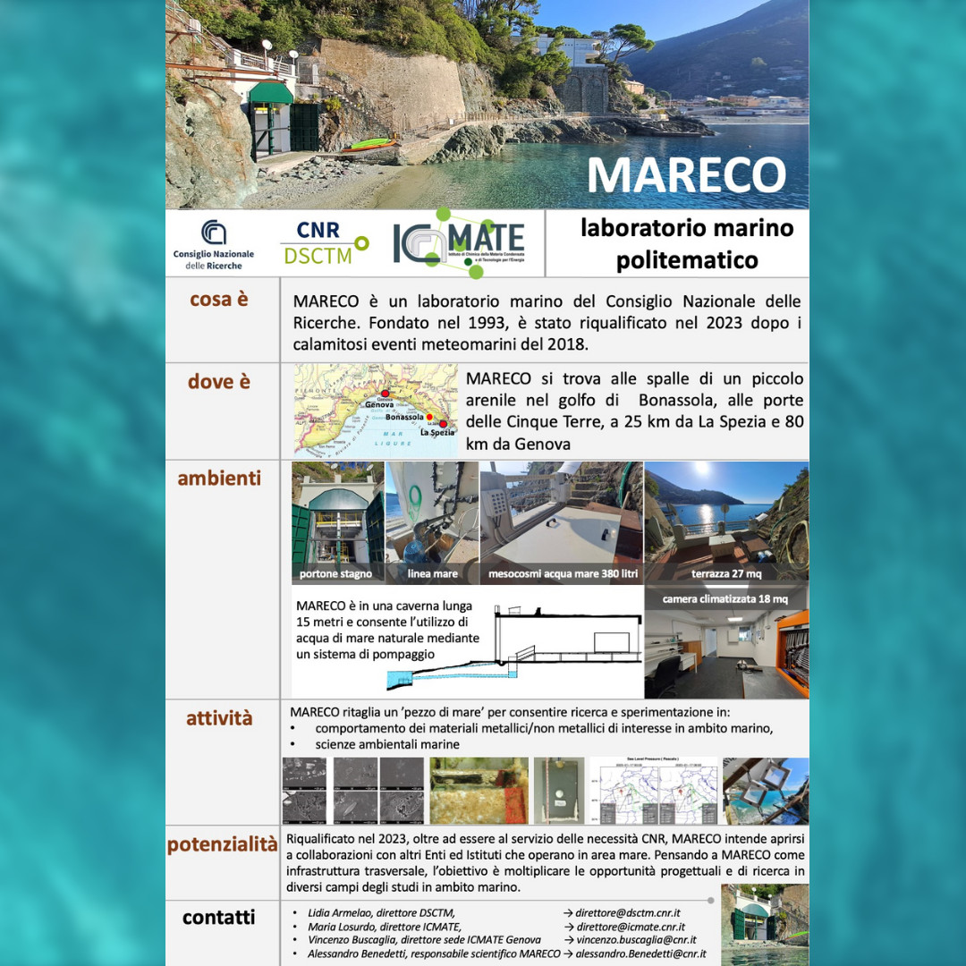 🗓️21/10/2023, 10:15

🌊Inaugurazione del #laboratorio #marino MARECO (Bonassola, SP) ricostruito dopo la violenta #mareggiata del 2018

#MARECO afferisce a @cnr_icmate, con collaborazioni con @UniGenova @unimib @Unipisa @polimi  @INGV_press 

@CNRsocial_ #water #marineenvironment