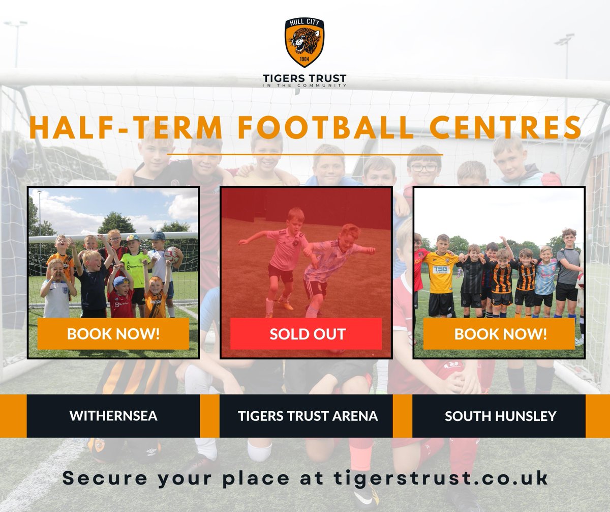 🐯 We look forward to our Half-Term Football Centres from October 30th to November 3rd, offering quality coaching and fun games for children aged 5-12! The Arena is currently sold out, but places are still available at Withernsea and South Hunsley 🙌 👉 tigerstrust.co.uk/activities-cou…