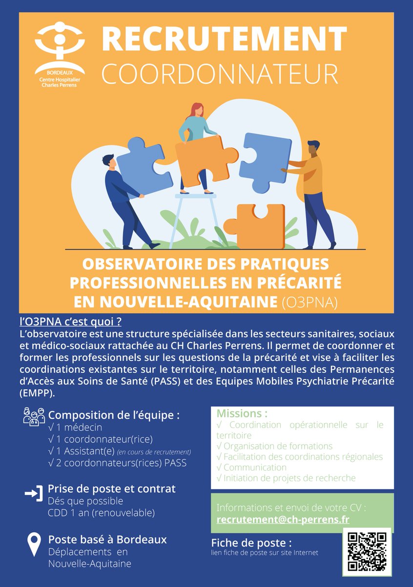 ch_perrens's tweet photo. [RECRUTEMENT]

Le @ch_perrens recrute un Coordonnateur de l’Observatoire des Pratiques Professionnelles en Précarité (O3PNA) en #NouvelleAquitaine.

🔎 Accès à la fiche de poste : https://t.co/7tEPCWihD1

+ d'infos : recrutement@ch-perrens.fr ou ⤵️ https://t.co/JlV9CgNBUL