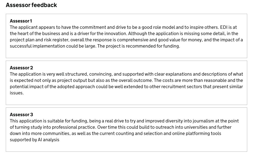Beyond devastated to not get funding for <a href="/journoresources/">Journo Resources</a>' Innovate UK bid — which scored over 80% and got this overall feedback. It would have been less cruel if they'd hated it.

If you, your company, or any rich friends fancy chatting with us about funding do hmu.