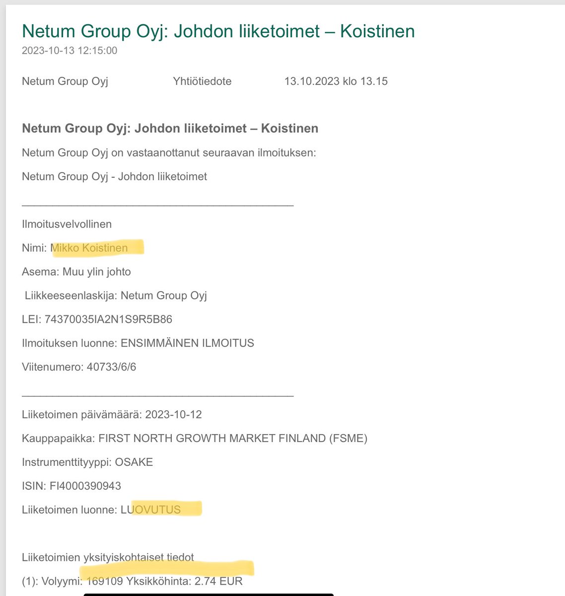 zijoittaja's tweet image. #Netum Koistinen myi ja Koomikko Capital osti…😁. Ei mikään stand up tämä kuiteskaan…🎙️