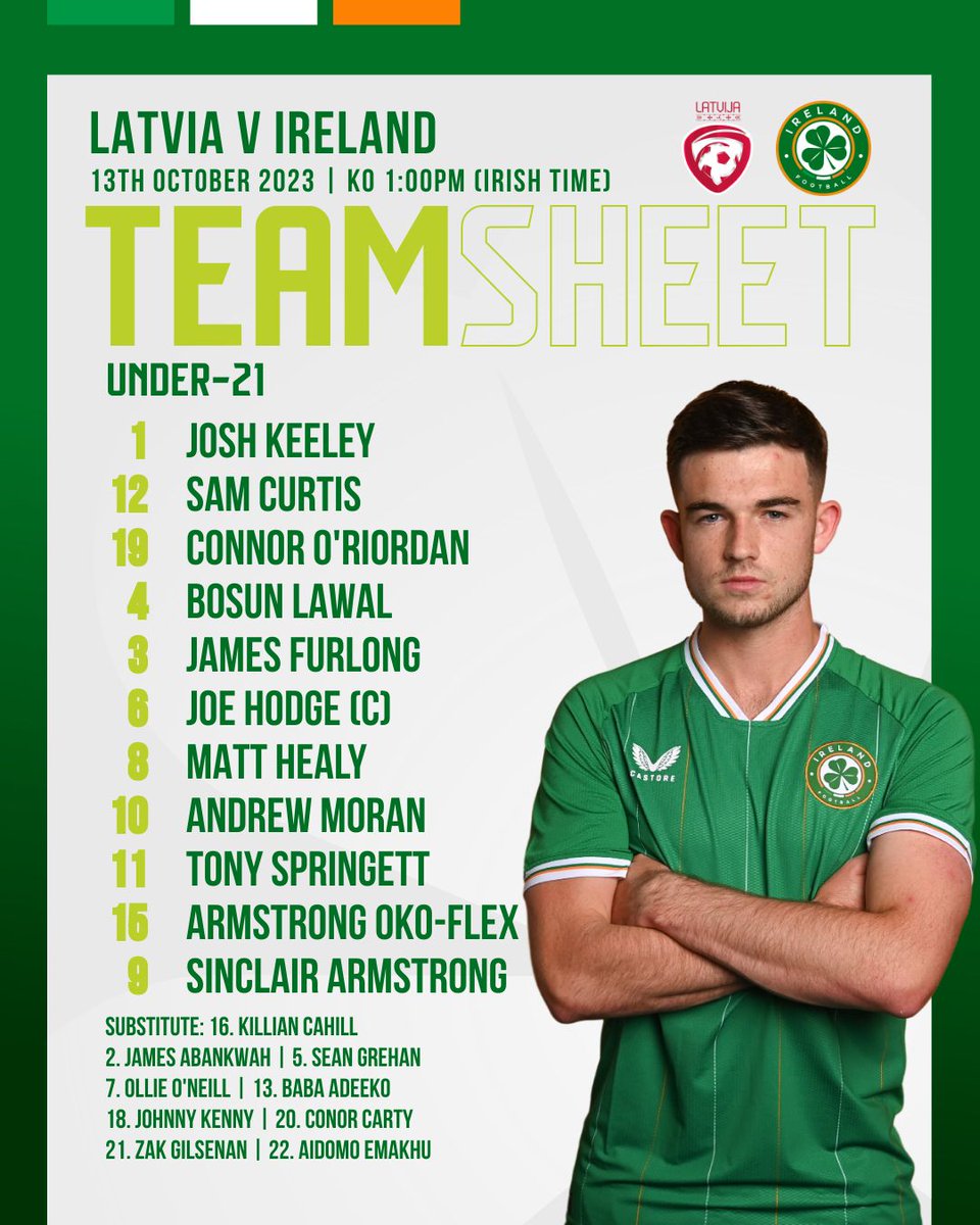 IrelandFootball's tweet photo. LINE-UP | #IRLU21 | 🇱🇻 v 🇮🇪

Here’s the Starting XI as Ireland Under-21s face Latvia this afternoon ☘️

Hodge returns as captain ©️

First U21 competitive caps for Oko-Flex and O’Riordan 💚

⌚️KO 1pm
🔴 Live for free on LOITV https://t.co/gjQaPz1kdt

#COYBIG https://t.co/H18bEl1f8b