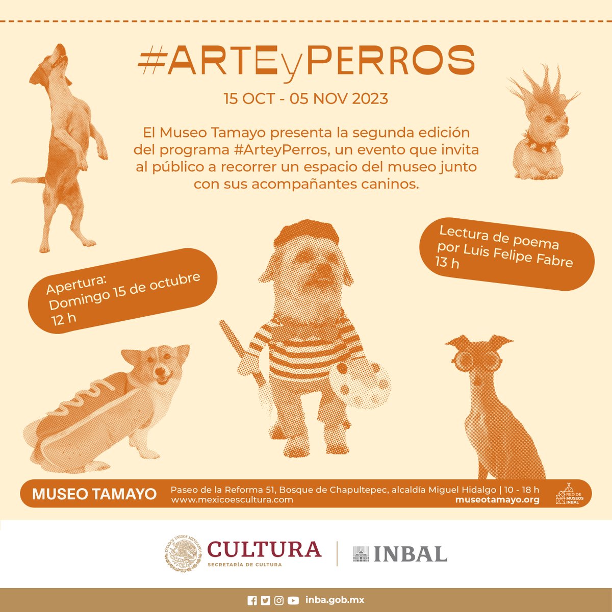 bellasartesinba's tweet photo. ¡Los lomitos 🐶 también pueden disfrutar del arte!

El @museotamayo presenta la segunda edición del programa #ArteYPerros, evento que invita al público a recorrer un espacio del recinto de la @redmuseosINBAL junto a su acompañante canino. 😍

🗓️Domingo 15 de octubre | 12 h https://t.co/JGTF60dAVa