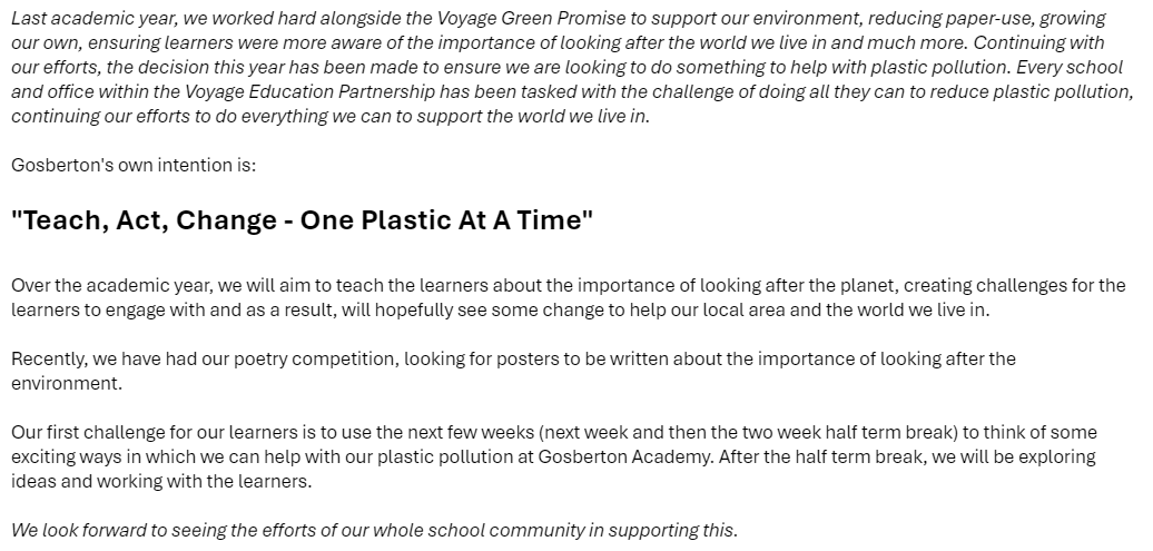GosbertonAcad's tweet photo. Teach, Act, Change - One Plastic At A Time!
We're doing our bit to make the world a better place and this year, we are going to have a focus on plastic pollution as we look at what we can do to make a difference. #DoingOurBit #OnePlasticAtATime #MakingADifference https://t.co/lvokaHZC0Q