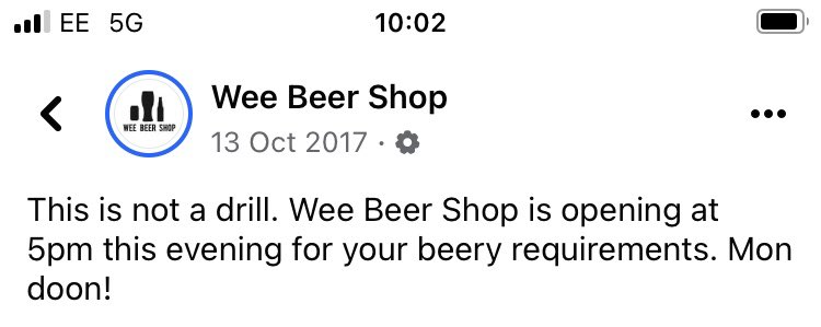 6 years ago I opened the door of Wee Beer Shop for the first time. 

Fair to say it’s been a wild ride. Thanks to all customers, old and new, for supporting my wee business.

Here’s to the next six 🍻