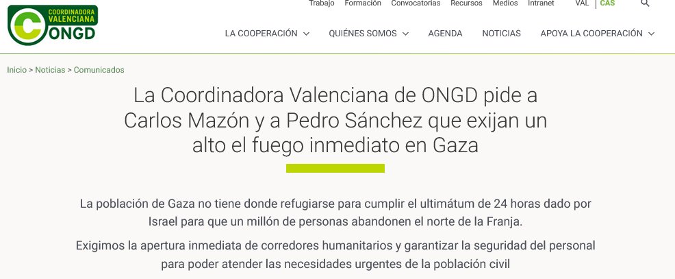 CVONGD's tweet photo. Pedimos a @carlos_mazon_  y a @sanchezcastejon que exijan un alto el fuego inmediato en #Gaza

Su población no tiene donde refugiarse para cumplir el ultimátum de 24 horas dado por Israel para que un millón de personas abandonen el norte de la Franja.

https://t.co/6XJwU78Itt https://t.co/U3OO2F4BRK