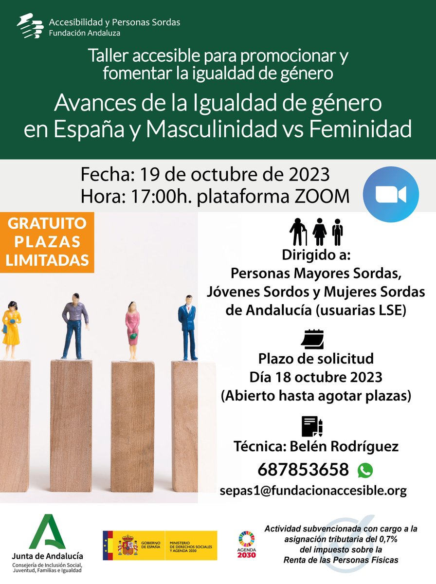 FACCpsordas's tweet photo. ¿Quieres participar en un taller accesible para promover y fomentar la igualdad de género? Exploraremos los avances en igualdad de género en  España y la masculinidad frente a la feminidad. No te pierdas nuestro  próximo taller el 19 de octubre, organizado por la @FACCpsordas . 📆 Plazo de inscripción hasta el 18 de octubre. Para apuntarte,  contáctanos por email a sepas1@fundacionaccesible.org o al 687853658. ¡Únete a nosotros y descubre los avances en igualdad!   #Taller @IgualdadAND Actividad subvencionada con  cargo al 0,7% del IRPF @IgualdadAND