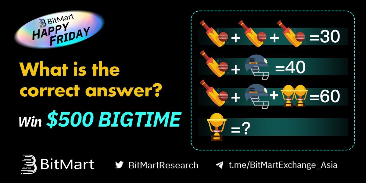 #WorldCup2023 🏏
🤩BitMart HAPPY FRIDAY GAME🤩

🤔️A trophy = ?
🎁600 USDT in #BIGTIME / 200 Winners

🔹Follow <a href="/BitMartResearch/">BitMart Research｜$BMX HODLer</a> <a href="/BitMartExchange/">BitMart</a>
🔹Fill gleam.io/adGNc/happy-fr…
🔹RT &amp; Tag 3 frds
🔹Join t.me/BitMartExchang…

✨Reg:bitmart.com/register-refer…
#Giveaway #Airdrop #BTC