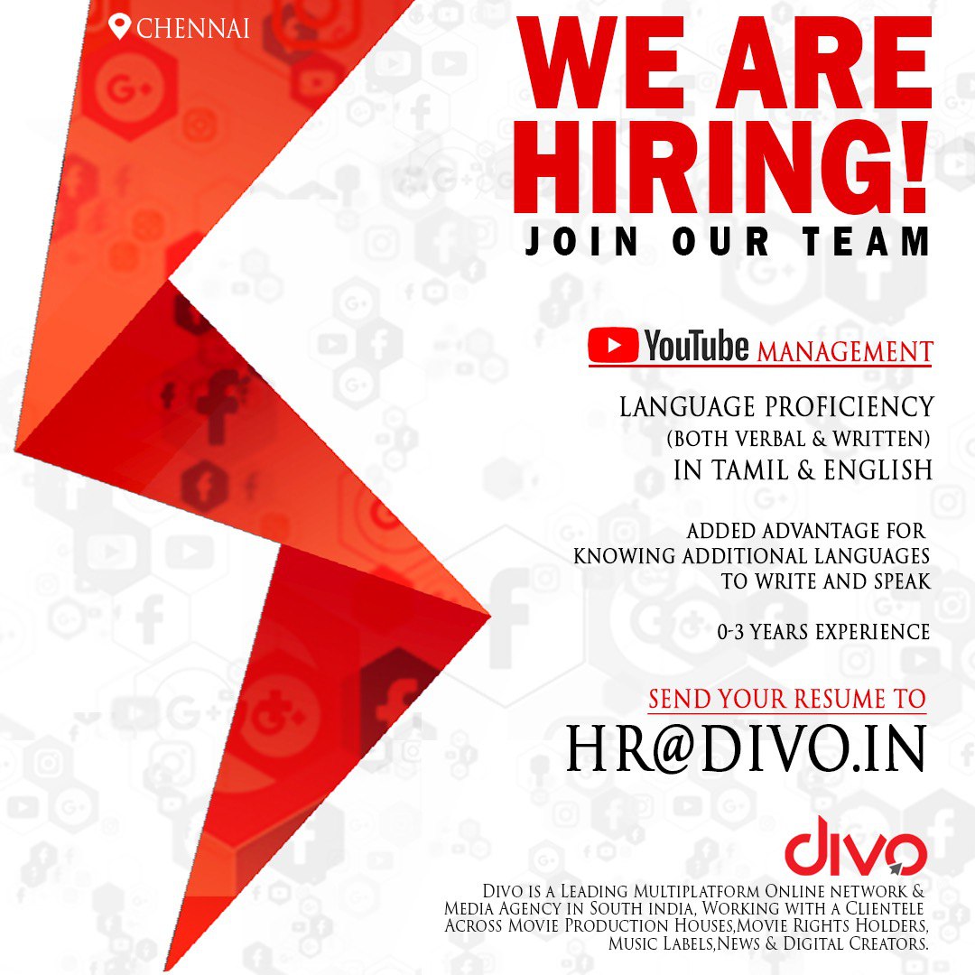 divomovies's tweet photo. Job Opportunity Alert 🚨
Join our team as we're on the lookout for YouTube Management talent! Unlock this fantastic opportunity to be a part of our team.
Send your resume to hr@divo.in📮
Location - Chennai
#JobsOpening #Hiring #WorkAtDivo #CareerAtDivo #Divo https://t.co/DnG9xSIq3L