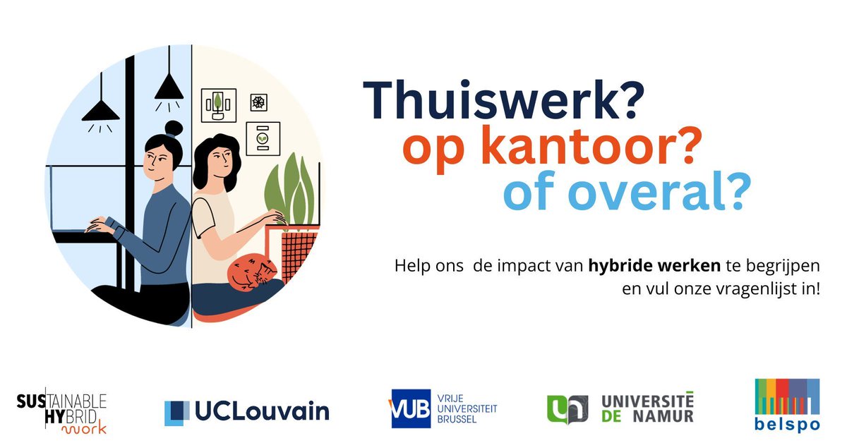 Maandag op kantoor, dinsdag thuis, &amp; vrijdag op de trein? <a href="/VUBrussel/">VUB</a>, @UCLouvain_be &amp; <a href="/UNamur/">UNamur</a> onderzoeken hybride werk. 

Of je nu vooral naar kantoor gaat, van thuis werkt, of ergens tussenin zit, jouw ervaringen zijn waardevol! Vul de online enquête in: buff.ly/45xEOpT