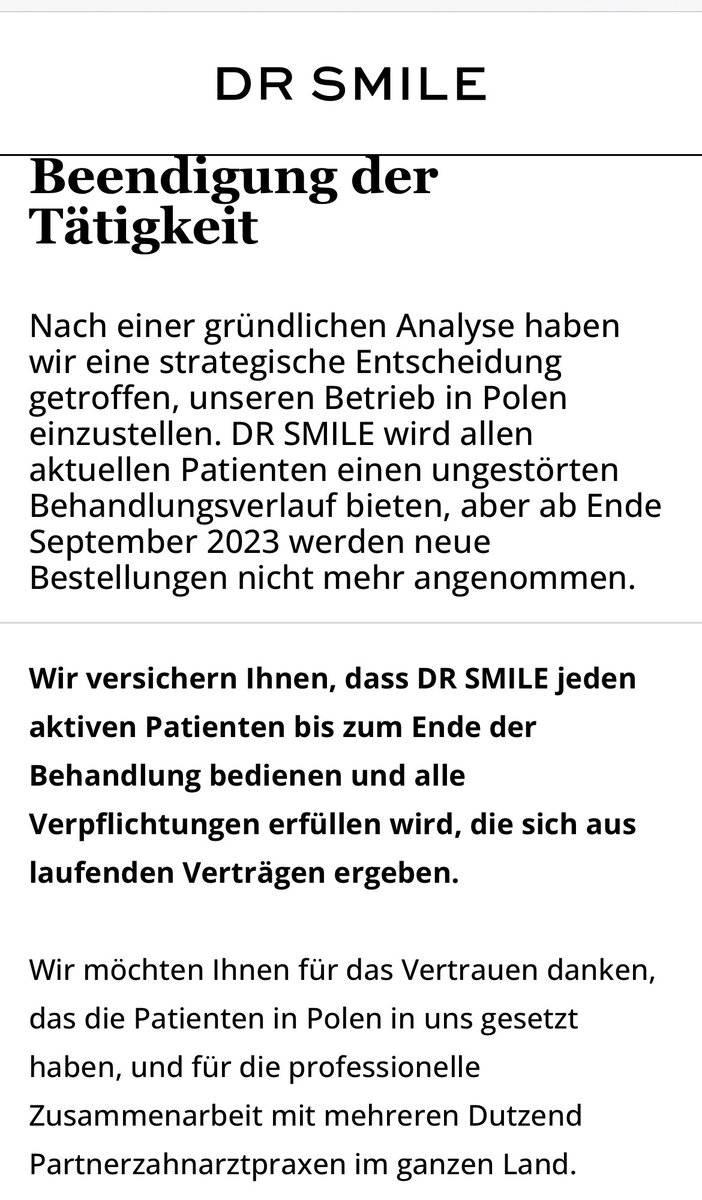 BV_KFO's tweet photo. Geraten die #Zahnschienen-Anbieter ins Stolpern? @StraumannDE ’s #DRSMILE zieht sich aus „strategischen“ Gründen aus Polen zurück. Der @smiledirectclub zog sich  2022 auch aus „strategischen“ Gründen u.a. aus Deutschland zurück - und ist nun nach Chapter 11 insolvent.
@bzaek_eV https://t.co/ov7fNk1zZs