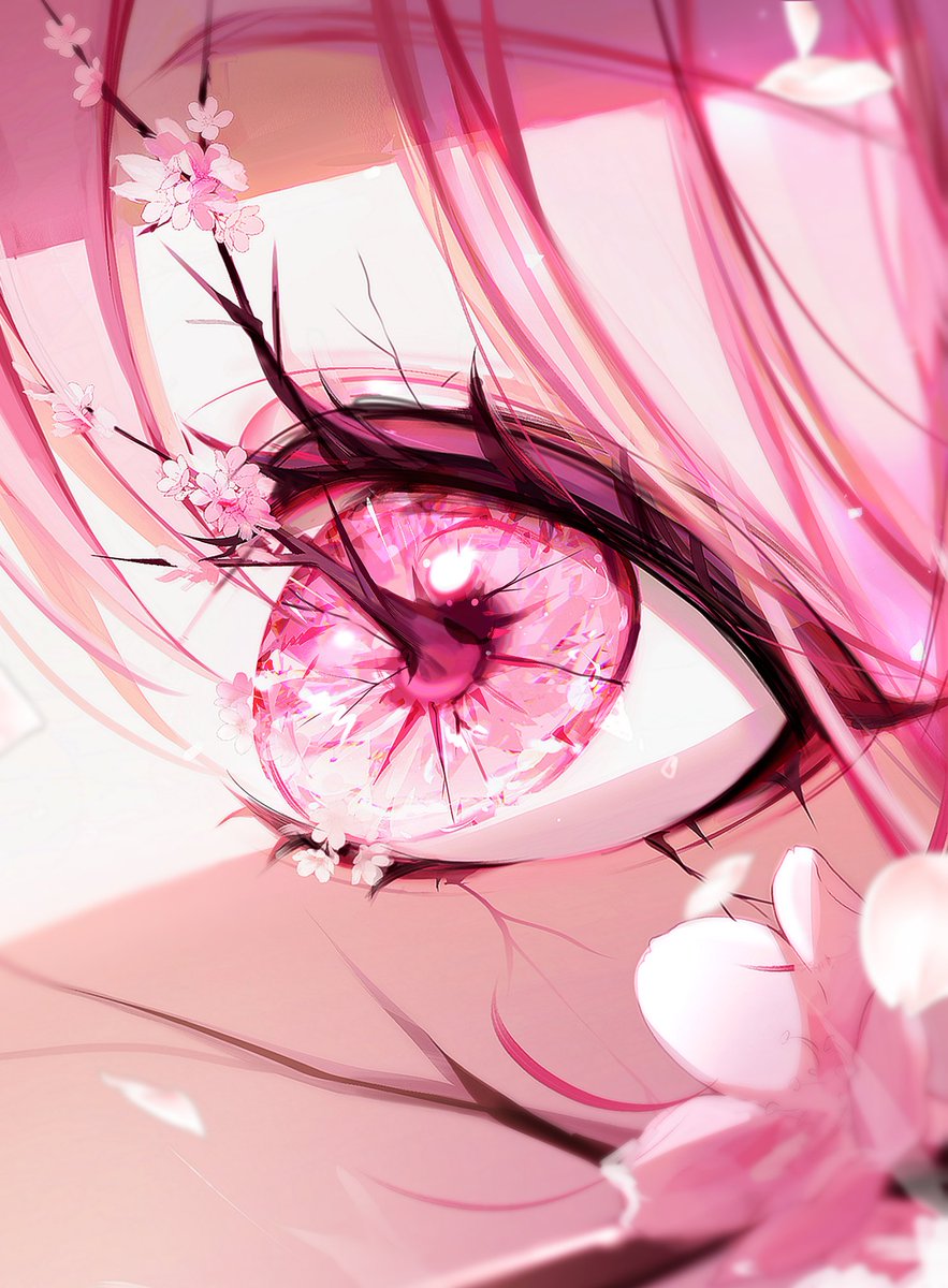 eye focus pink theme 1girl cherry blossoms close-up solo pink eyes  illustration images