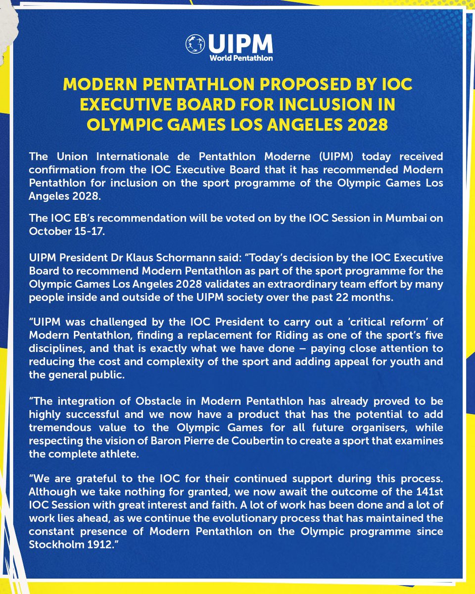 #ModernPentathlon proposed by IOC Executive Board for inclusion in Olympic Games Los Angeles 2028
#LA28 #Olympics
