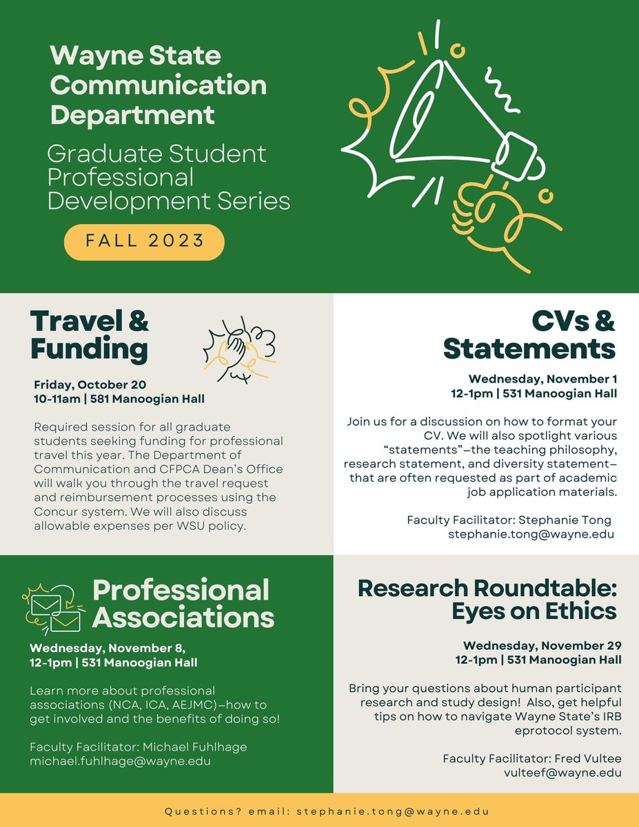 For <a href="/WSU_COM/">WSUCommunicationDpt</a> grads (or any grad students, really!). Come join us for the Fall 2023 Professional Development Series! <a href="/WayneStateCFPCA/">Wayne State CFPCA</a>  @WSUGradPrograms