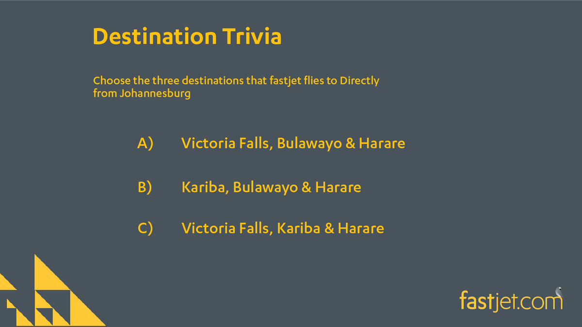 fastjet's tweet photo. fastjet Trivia | Choose the three destinations that fastjet flies to Directly from Johannesburg.
Flying out of Johannesburg has never been easier with fastjet! But where do we fly to directly?
More choices, more fastjet.
#fastjet #flyfastjet #fastjetTrivia #Johannesburg https://t.co/uYHUkxXx14