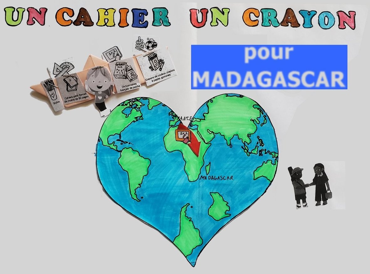 Aidez les élèves malgaches!​ Les élèves de 5e participent à l'opération 'Un cahier, un crayon pour Madagascar'. Vous pouvez déposer vos dons (ex: un cahier petit format ,des crayons ...) dans des bacs qui seront à votre disposition dans le collège Balzac jusqu'au 22 décembre.