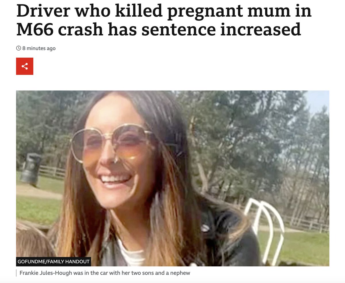 adamtranter's tweet photo. Adil Iqbal killed pregnant mum Frankie Jules-Hough after filming himself driving at 123mph on a motorway.

Today, his 12-year sentence was ruled as unduly lenient and increased to 15 years. The maximum is life. What would need to happen to receive that?

https://t.co/n3AFJAIsA5 https://t.co/WtH9lSKGLV