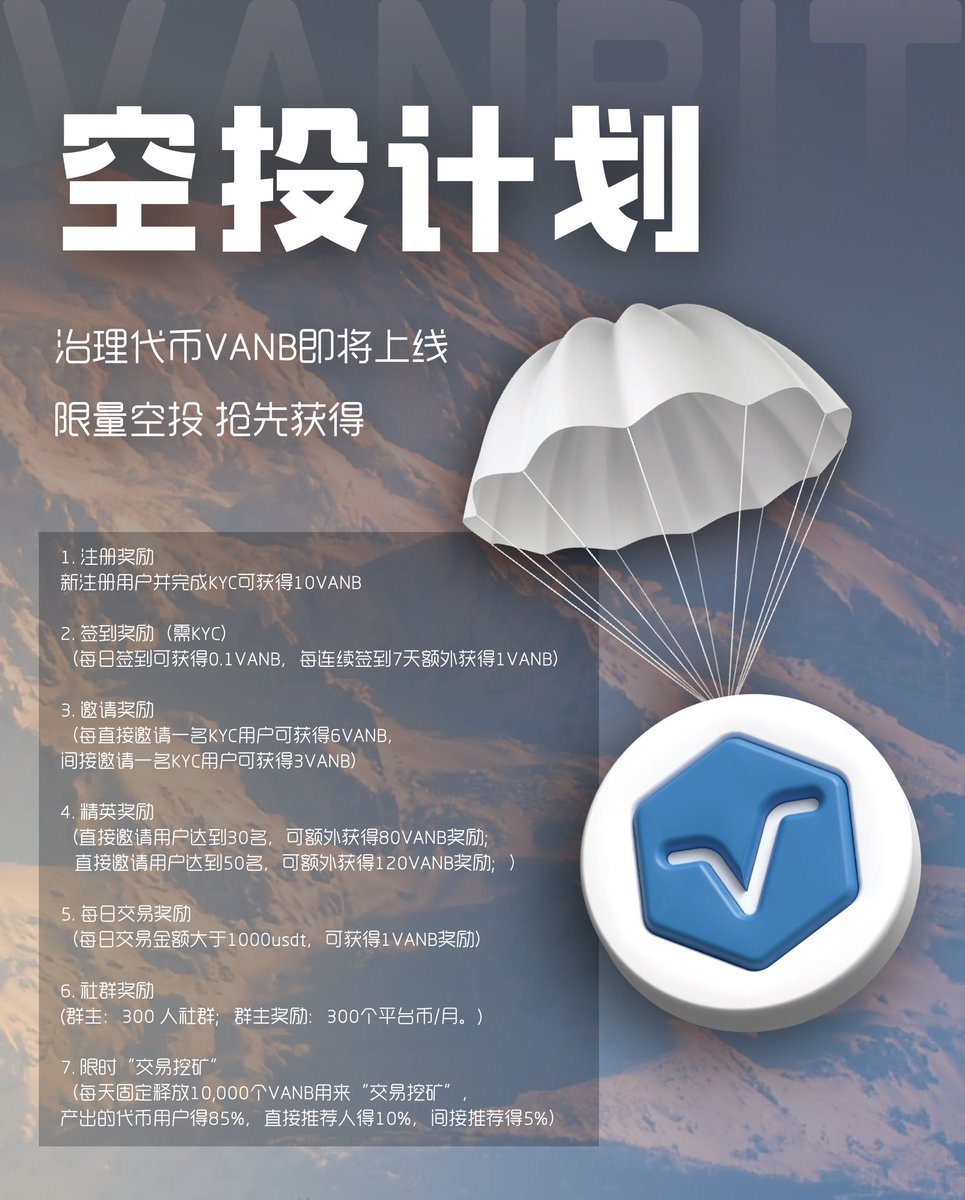 Vanbit_Tool's tweet photo. 🔹VanBit 空投计划预告🔹
VanBit平台代币即将上线啦🎉
各位小伙伴们只需要每日动动手指签到
就可以开始领取平台代币VANB啦🥳
详细规则请看下图 赶快分享给你的朋友们一起知道这个好消息吧!
#VANB #空投 https://t.co/B1Khc8tJW5