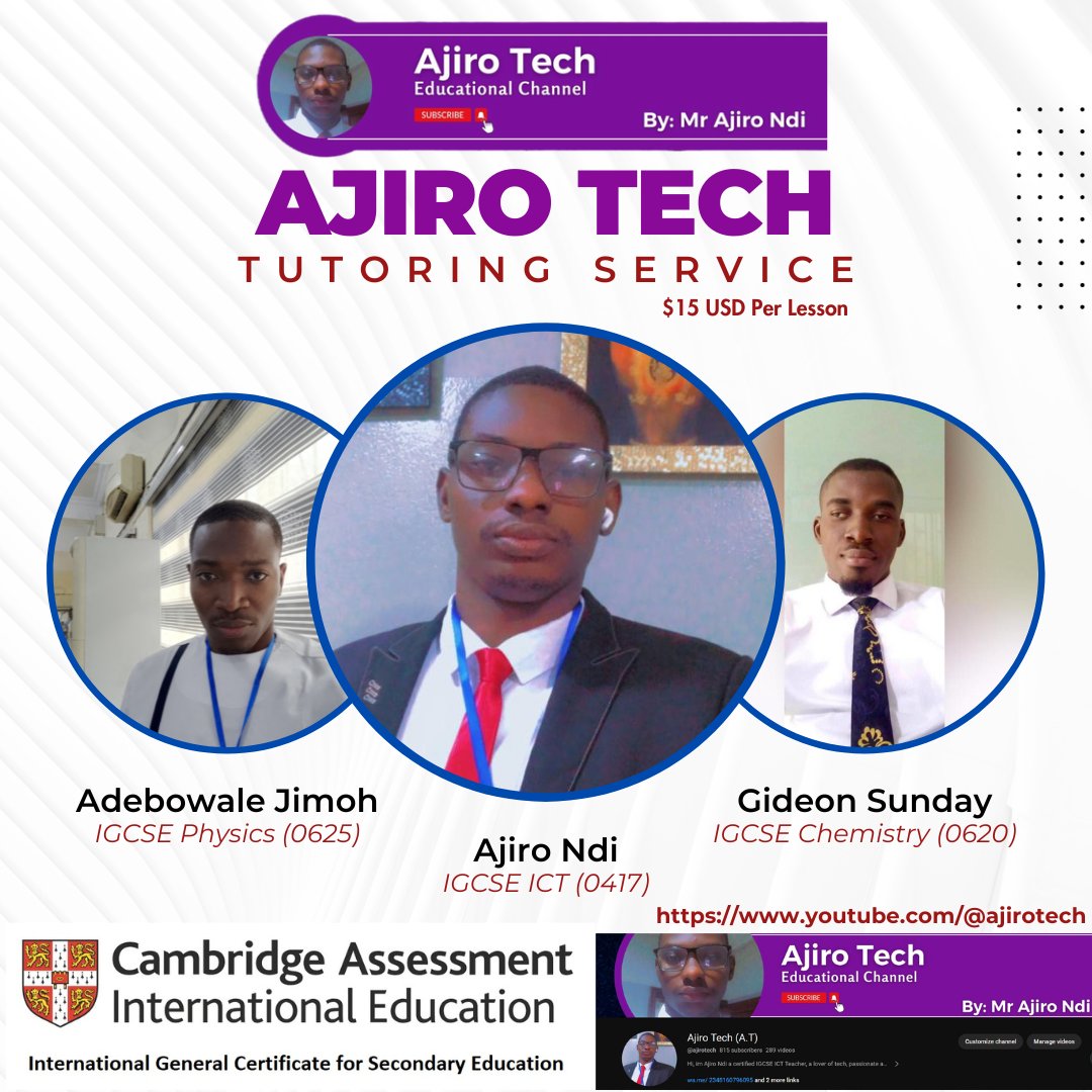 ajirotech's tweet image. Ajiro Tech offers Personalized Tuition on the following IGCSE Subjects 
- ICT 
- Physics 
- Chemistry 
- Mathematics 
- Design and Technology
Price: $15 USD Per Lesson
#igcse #igcseict #igcsephysics #igcsechemistry #igcsemaths #onlinelearning #IsraelPalestineConflict  #cambridge