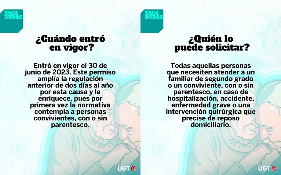 Xa coñeces todo sobre o permiso de 5 días retribuídos para coidado de familiares ou convivintes?

En #UGT, resolvemos as túas dúbidas co noso #sacadudas, dedicados sempre a temas relacionados co #emprego

bit.ly/3RXNEKf