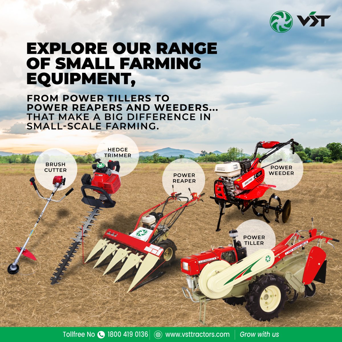 VST_Tillers's tweet image. Dive into our diverse range of small farming equipment, where every tool is a game-changer for small-scale farmers. Unleash the potential of your farm with VST!  #VSTTillersTractors #SmallScaleFarming #ToolsForSuccess #growwithus