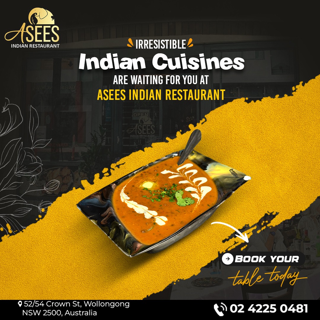 IRRESISTIBLE
Indian Cuisines
ARE WAITING FOR YOU AT
ASEES INDIAN RESTAURANT

BOOK YOUR
table today

☎️ 02 4225 0481
asees.com.au

#aseesrestaurant #wollongongeats #foodiefiesta #celebrateinstyle🍾🍷 #partyhall 
 #nsw #australia #foodielife #instagoodfood #Wollongong
