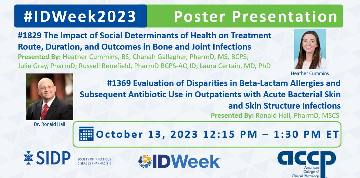 SIDP (@sidpharm) on Twitter photo Be sure to visit these posters examining social determinants of health being presented today by <a href="/SIDPharm/">SIDP</a> members <a href="/R_Benefield/">Russell Benefield</a> with <a href="/laura_certain/">Laura Certain, MD, PhD</a> & <a href="/HeatherC2024/">Heather Cummins</a>, and @hallpharms! <a href="/accpinfdprn/">ACCP INFD PRN</a> <a href="/IDWeekmtg/">IDWeek</a> #IDWeek2023 #SIDP2023 Be sure to visit these posters examining social determinants of health being presented today by <a href="/SIDPharm/">SIDP</a> members <a href="/R_Benefield/">Russell Benefield</a> with <a href="/laura_certain/">Laura Certain, MD, PhD</a> & <a href="/HeatherC2024/">Heather Cummins</a>, and @hallpharms! <a href="/accpinfdprn/">ACCP INFD PRN</a> <a href="/IDWeekmtg/">IDWeek</a> #IDWeek2023 #SIDP2023