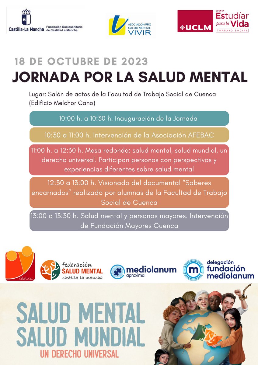 AsocVIVIR's tweet photo. No te pierdas la Jornada por la Salud Mental que vamos a realizar en Cuenca junto con @afebac el día 18 de octubre #DiaMundialdelaSaludMental gracias a la FSCLM de CLM por financiar esta iniciativa, y gracias a la Facultad de Trabajo Social de Cuenca por apoyarnos. https://t.co/9npnDNXLba