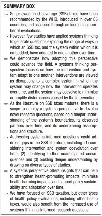 New paper on using systems thinking to guide evaluation of SSB taxes. @miriamralvarado shows how systems thinking helps us ask research questions that enable a deeper understanding of how systems & interventions adapt to each other. gh.bmj.com/content/8/Supp…