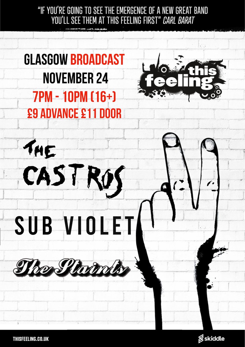 This Feeling (@this_feeling) on Twitter photo Just announced 🎸 Nov 24 Glasgow <a href="/BroadcastGLA/">Broadcast Glasgow</a> ft. The Castros, <a href="/subvioletband/">Sub Violet</a>, & The Staints
🎟️ skiddle.com/e/36711128 Just announced 🎸 Nov 24 Glasgow <a href="/BroadcastGLA/">Broadcast Glasgow</a> ft. The Castros, <a href="/subvioletband/">Sub Violet</a>, & The Staints
🎟️ skiddle.com/e/36711128