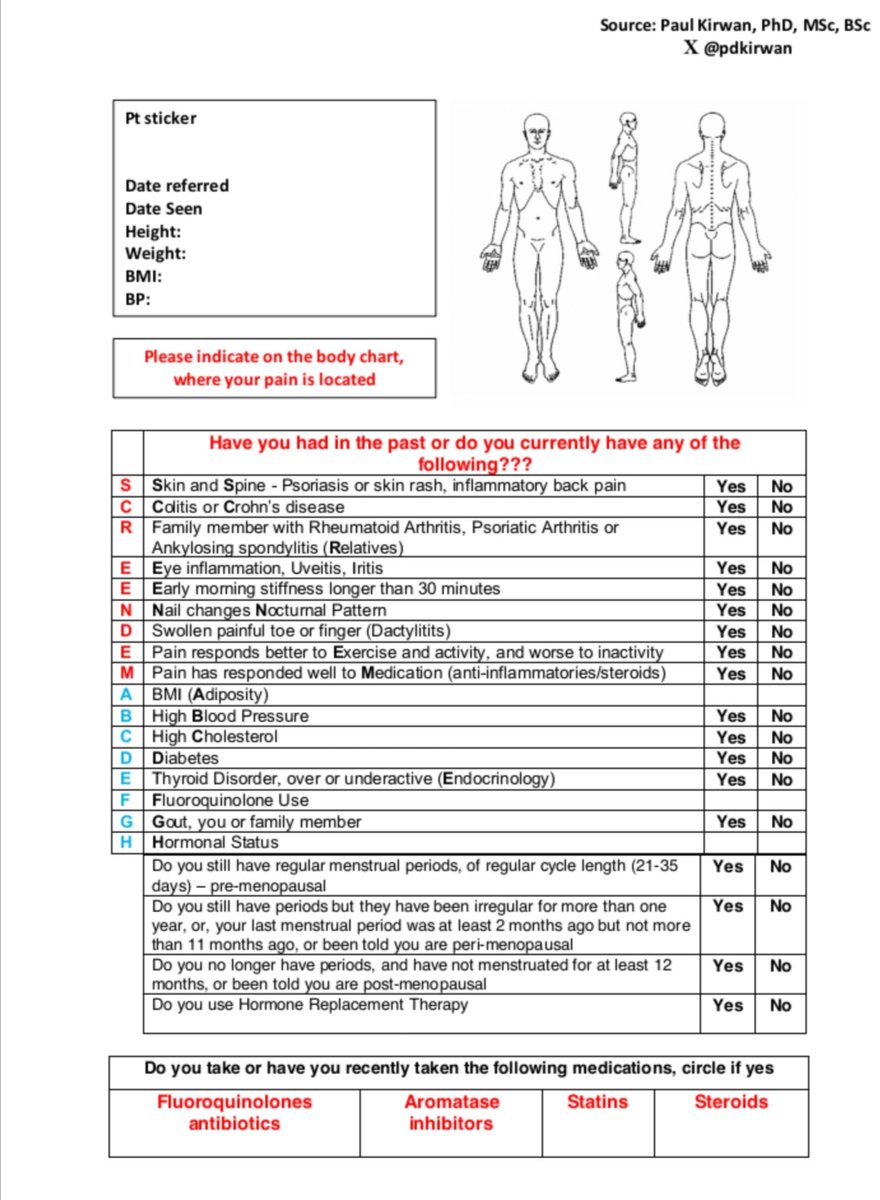 After this mornings #tendinopathy presentation #ISCPConf23 some were asking for a copy of my assessment form which I've been using. Please feel free to use/share and would love to hear if its useful. SCREENDEM and think of the ABCs to build