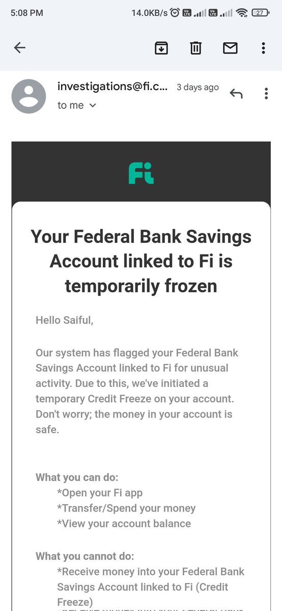 saifulshah12's tweet photo. My refund initiated by https://t.co/QE32AQleNm 
But my federal bank linked with fi is credit freze my money is stuck here so why iam using this federal bank linked with fi.  Please tell me  @Bank_on_Fi https://t.co/j0gDaTMilX