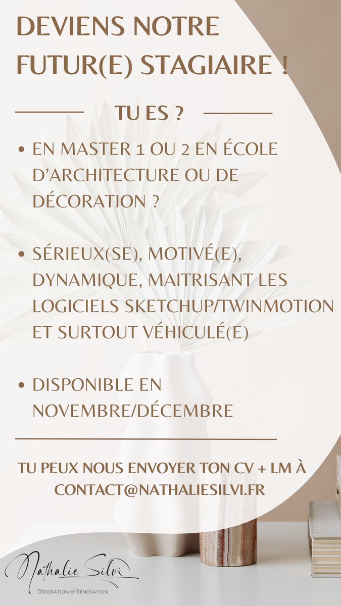 aiiiiieA's tweet photo. OFFRE STAGE ‼️

Pour les étudiant(e)s en école d’architecture ou de décoration, mon entreprise recherche un(e) stagiaire pour la période de novembre/décembre ❕

IMPORTANT : Maîtriser les logiciels Sketchup et Twinmotion + être véhiculé(e). 

Secteur 78 (Yvelines) https://t.co/vi8VaHA3u4