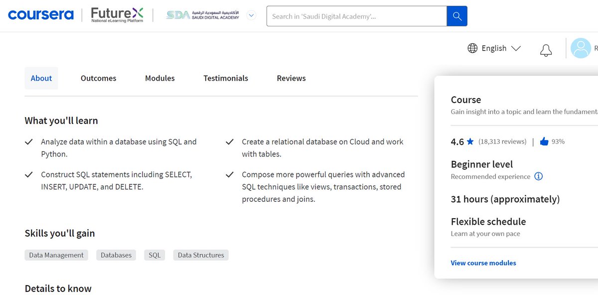 #Fuel 

كورس ممتاز من IBM 
من اهم المهارات المكتسبة:

- كيف تنشئ قاعدة بيانات عالكلاود وتشتغل عالجداول وتنفّذ الاستعلامات..
-تحليل البيانات باستخدام sql و بايثون
فيه تسليم مشروع في آخر الكورس على أساسه تاخذ الشهاده
ضمن مسار البيانات والذكاء الاصطناعي الكورس قصير وممتع انصح فيه👍🏻