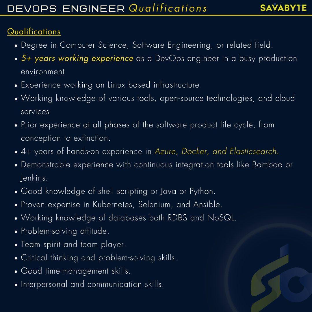 savabyte's tweet photo. 📢Open position alert! Savabyte is hiring a Senior Azure DevOps Engineer for a dynamic 4 month contractual role.
Having gone through the eligibility criteria, send your application to info@savabyte.io. Follow our pages for more. https://t.co/lcG2pLaUn0