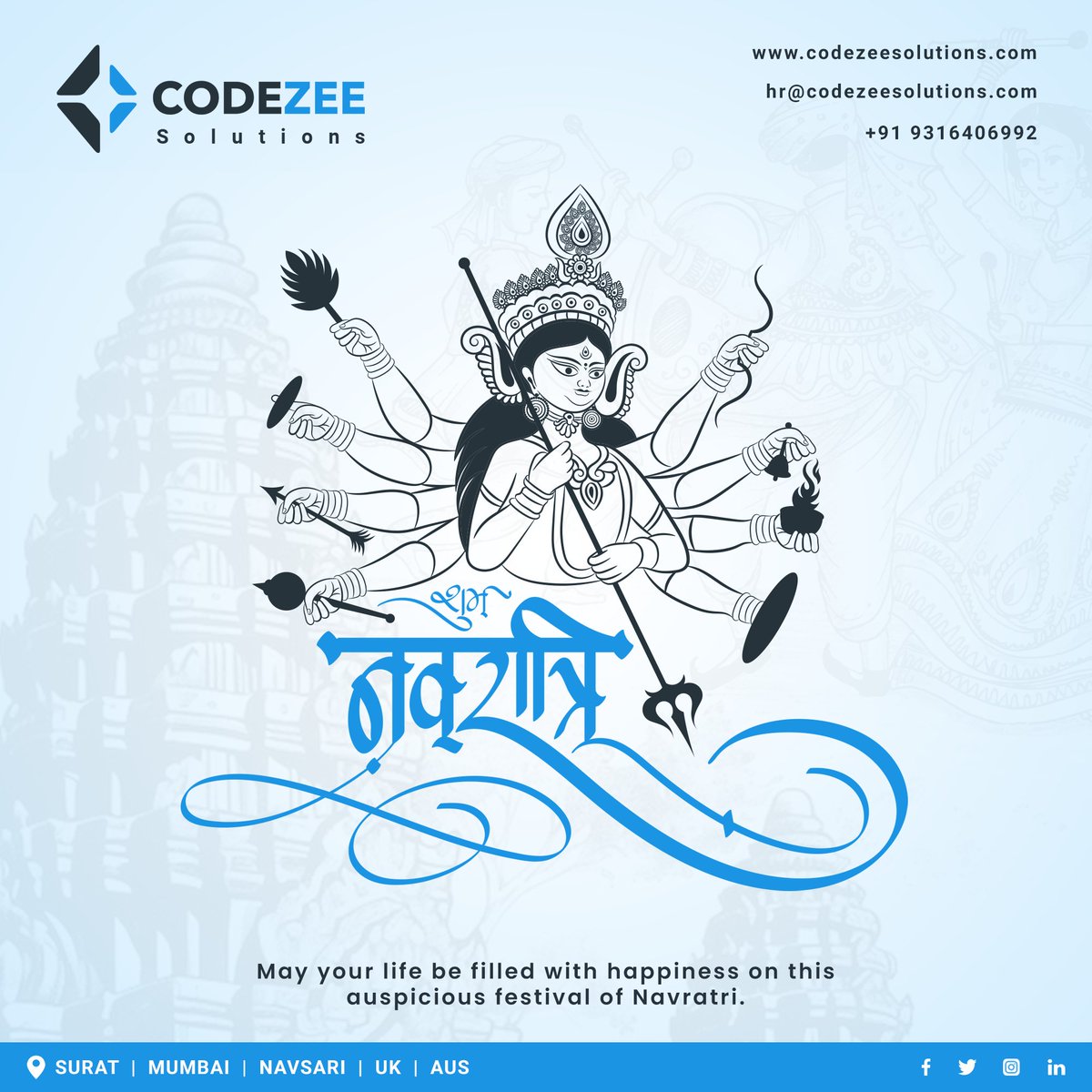 CodezeeSolution's tweet photo. This Navratri, may you be blessed with the wisdom to overcome all obstacles and find success in all your endeavors. 

#navratri #happynavratri #garba #india #durgapuja #jaimatadi #durga #festival #devi #maadurga #maa #dandiya #durgamaa #hinduism #indianfestival #codezeesolutions https://t.co/yDzO3Jwv6i