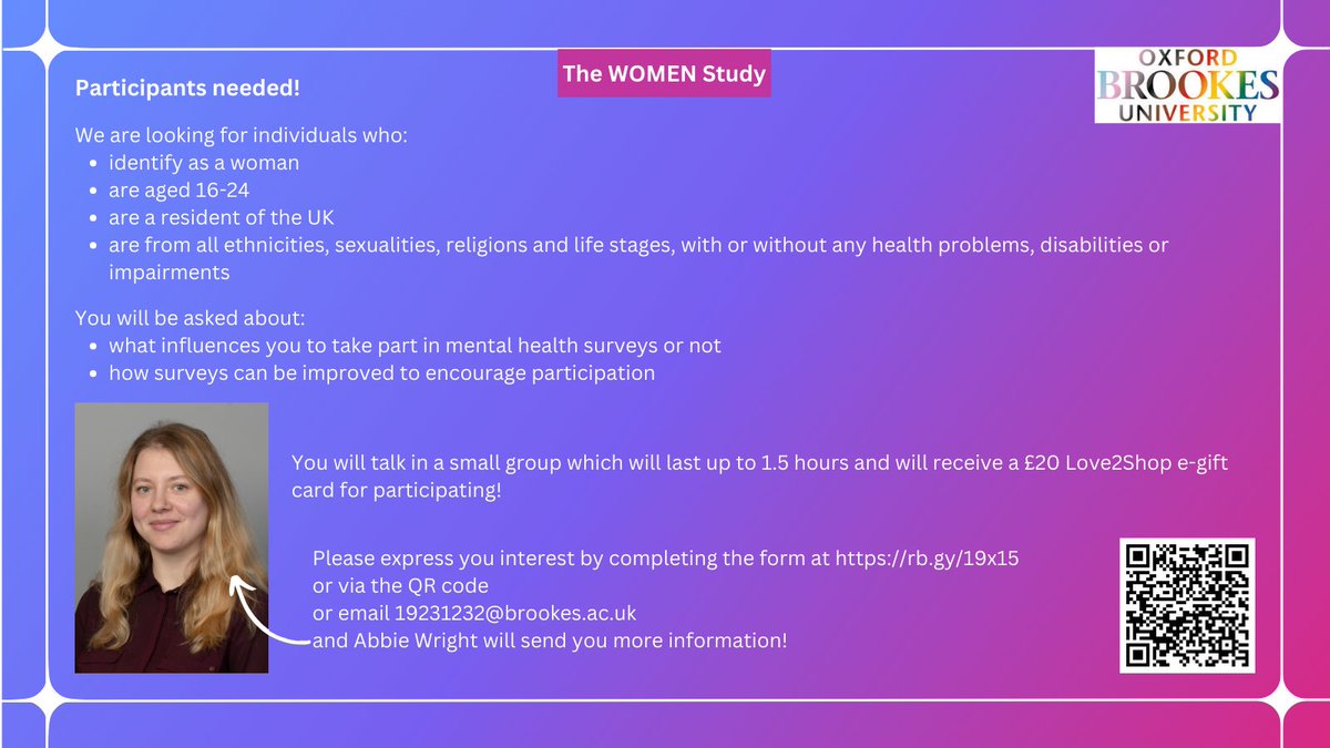 📢 I am looking for participants for my study! 📢
To express your interest:
📋 fill out this form: rb.gy/19x15
📧 email: 19231232@brookes.ac.uk
Please share!
#TheWomenStudy #WomenMentalHealth #MentalHealthResearch #PsychologyResearch #PublicHealthResearch