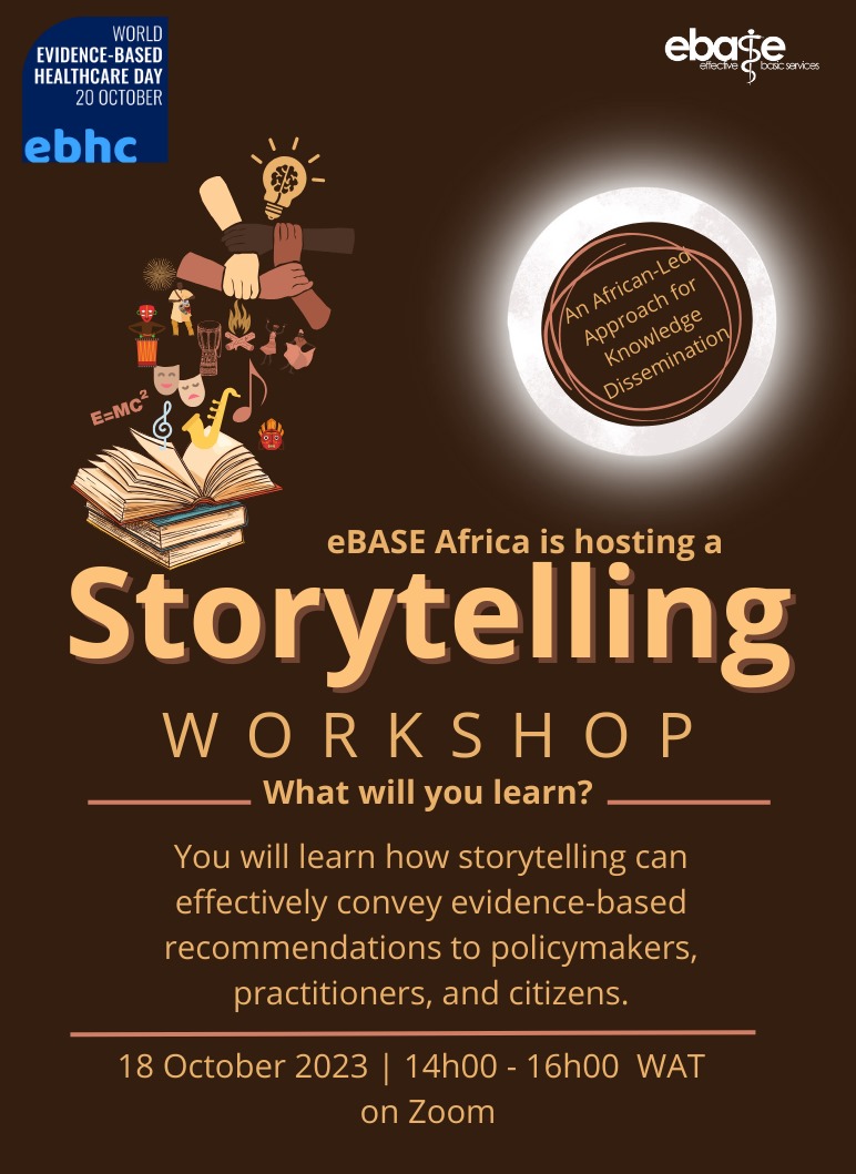 ebase_africa's tweet photo. #WorldEBHCDay
Don't miss our upcoming #storytelling workshop where we will use systematic reviews from @JBIEBHC @CampbellReviews and @CochraneLibrary to demonstrate how you can develop stories that resonate with all.
🗓️ 18thOct
⏰ 2pm(WAT)
Register here 🆓 https://t.co/5tyPaSagUE https://t.co/EfDSBuBz5i