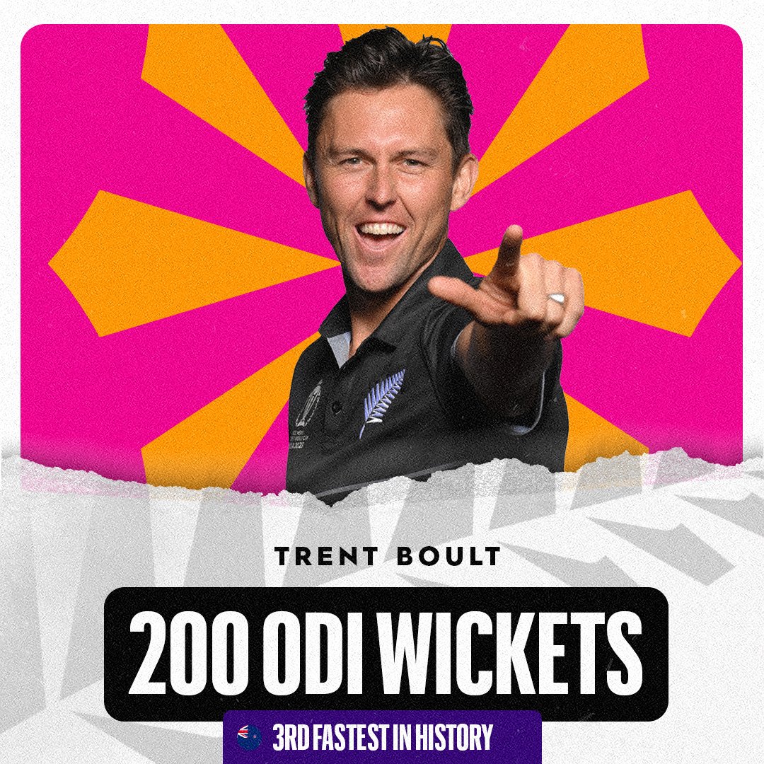 BLACKCAPS's tweet photo. #StatChat | Trent Boult (107 matches) reaching the milestone when he dismissed Towhid Hridoy in Chennai. Only Mitch Starc (102) and Saqlain Mushtaq (104) have done it faster. Follow play LIVE in NZ against @BCBtigers with @skysportnz. LIVE scoring | https://t.co/aNkBrDiAuv #CWC23 https://t.co/m2QYW21CuI