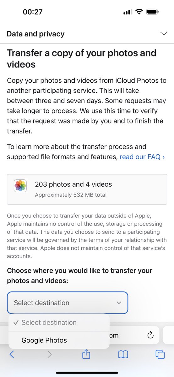 กรี๊ดดดดดดดดด 
เพิ่งรู้ว่ามีบริการย้าย iCloud Photos ไป Google Photos ได้ด้วยแฮะ จากตัวนางเอง ไม่ต้องใช้ 3rd-party ด้วย เป็นของ Apple ไปยัง Google เลยยยยยยยย !!!!!!