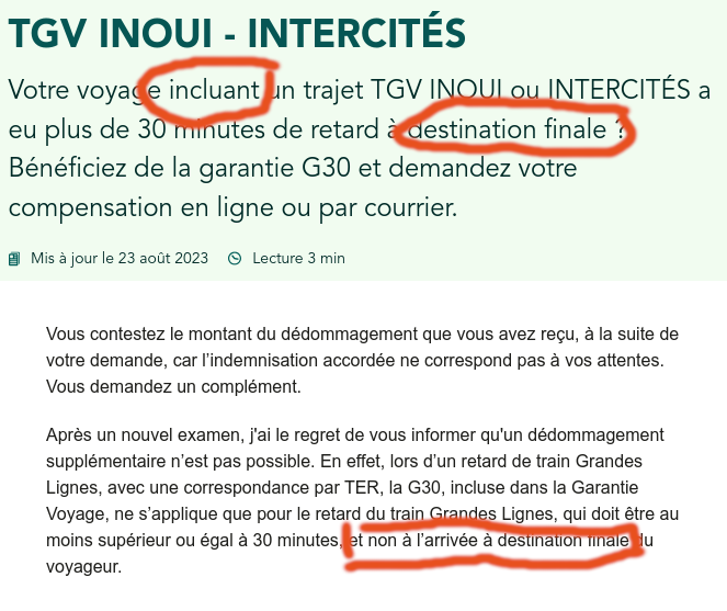 a_guillard's tweet photo. Bonjour @SNCFVoyageurs, votre site web et votre support donnent des infos contradictoire sur la garantie G30 ! Je suis arrivé à destination avec 3h de retard mais on me donne compensation de 25% parce que finalement, c'est pas la destination finale qui compte ! c'est du délire ! https://t.co/CEOBGiSosS