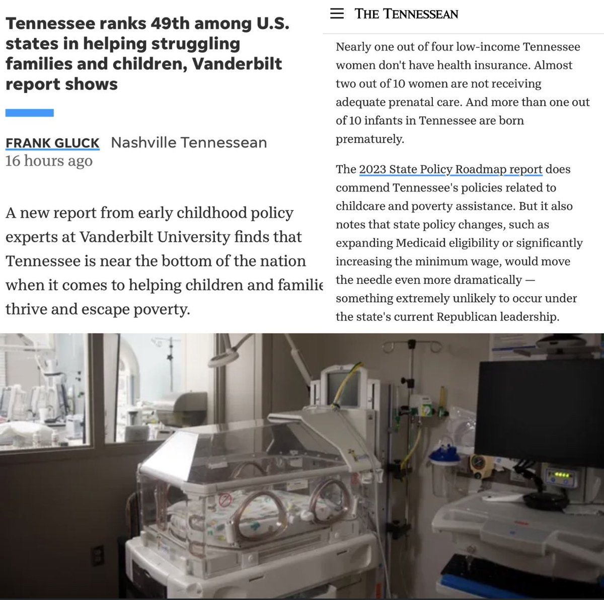 ICYMI — Tennessee 49th (!☹️) in helping struggling families & children… Bottom in infant & maternal mortality… “expanding Medicaid & raising the wage would help but unlikely under @TNGOP leadership…” But keep telling us how y’all value “life” tennessean.com/story/news/hea…