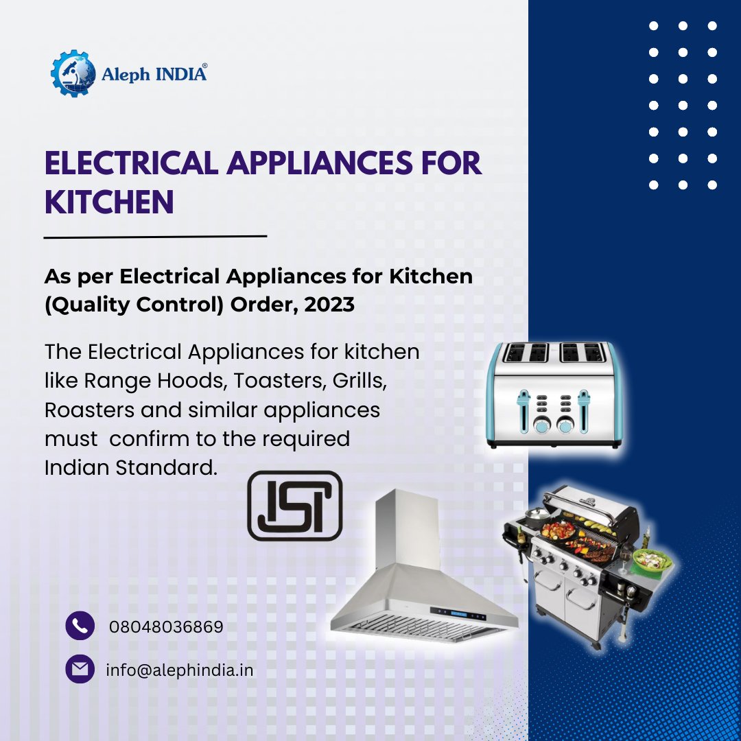 As per Electrical Appliances for Kitchen (Quality Control) Order, 2023, the mentioned kitchen will require ISI Mark from BIS for manufacturing and selling in India. 
To Know more, visit: alephindia.in/latest-notific…
.
.
#biscertificate #isimark #electricalappliances #qualitystandard