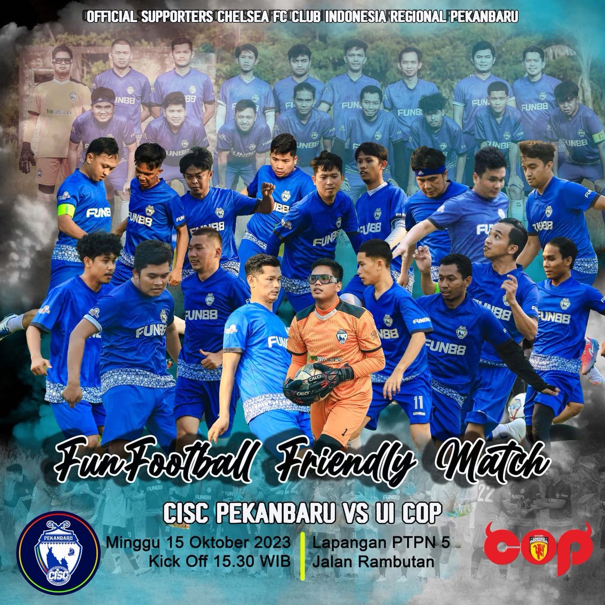 Friendly match 
Cisc Pekanbaru x @unitedindonesiacop

🗓️: Ahad 15/10/23
🕛: 15:30 WIB
 🏟️: Lap .Ptpn 5
Jalan rambutan 

☎️: +62 853-7589-4144 Farid 

#FunFootballCISCPekanbaru #CISCPEKANBARU