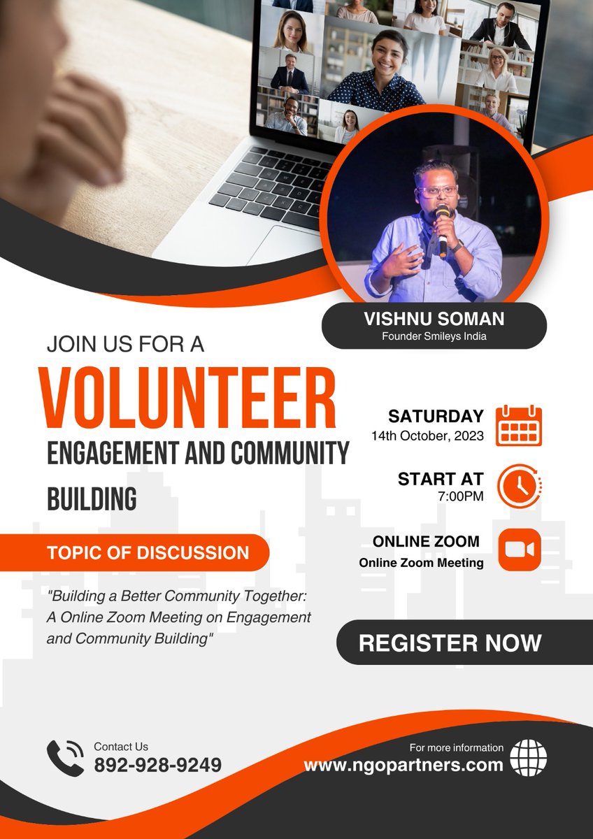 NgoPartners03's tweet photo. 📢 Exciting Opportunity! Join our NGO's Webinar on Volunteer Engagement &amp; Community Building! 🌟

🗣 Speaker: VISHNU SOMAN  
 #CommunityBuilding  #ngo #NGO  #VolunteerEngagement #NGOWebinar https://t.co/x9G1cMHeHZ