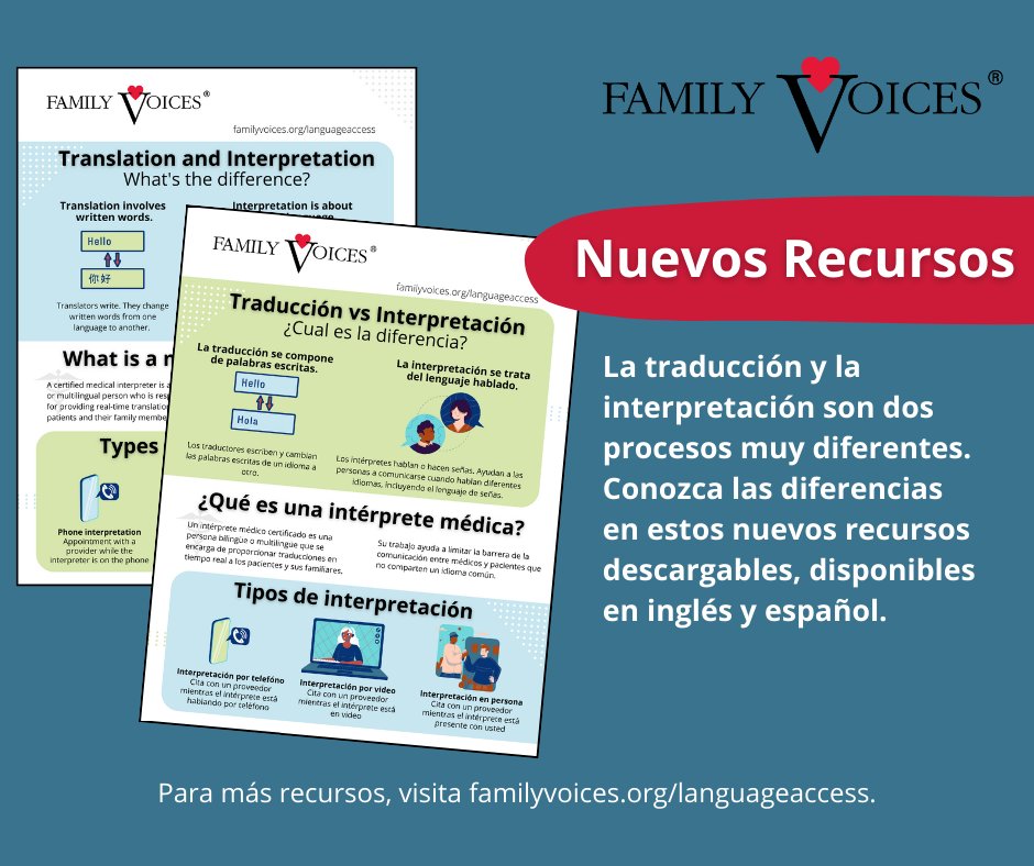 La traducción y la interpretación son dos procesos muy diferentes. Conozca las diferencias en estos nuevos recursos descargables, disponibles en inglés y español. familyvoices.org/languageaccess…